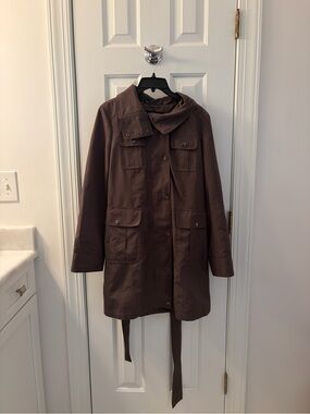 Ellen Tracy Brown Long Utility Jacket with Tie Waist